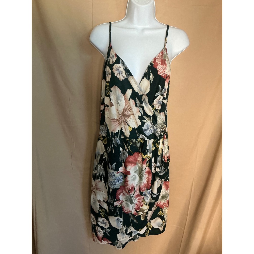 Fashion Nova Floral Wrap Dress Women 1X Black Excellent Strappy Tropical Mini